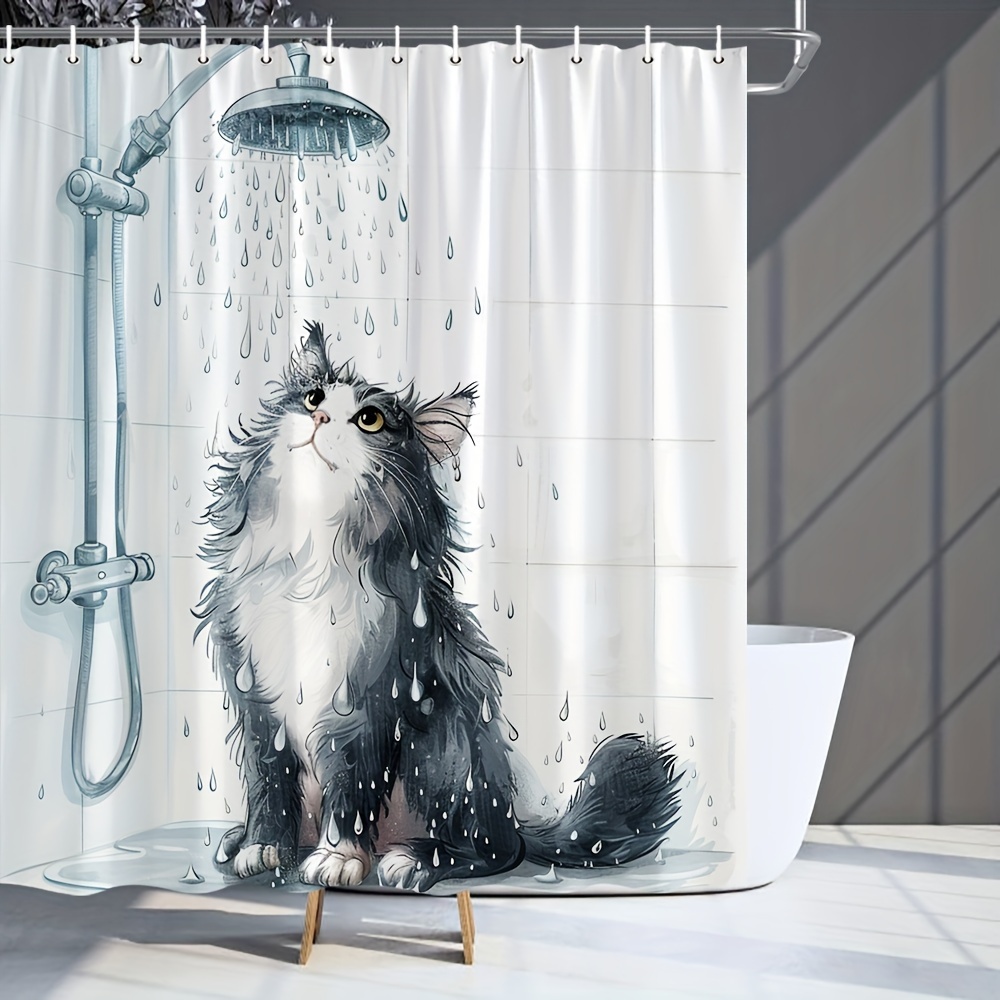 Grappig Zwart Kat Douchegordijn - Schattig Kat , Polyester Stof, Inclusief Haken, Speels Badkamer Decor