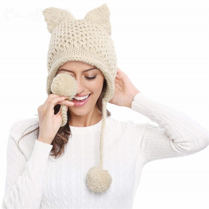 Orecchie di gatto tutto'uncinetto cappello lavorato a maglia paraorecchie cappello a cuffia tutto'uncinetto maglia di lana autunno inverno: via-bianca
