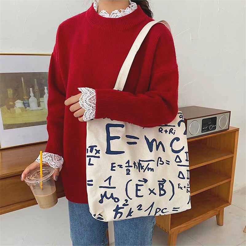 Purdored 1 Pc Vrouwen Math Formule Canvas Boodschappentas Vrouwelijke Schoudertas Eco Draagtas Meisjes Herbruikbare Grocery Shopper Tote tas