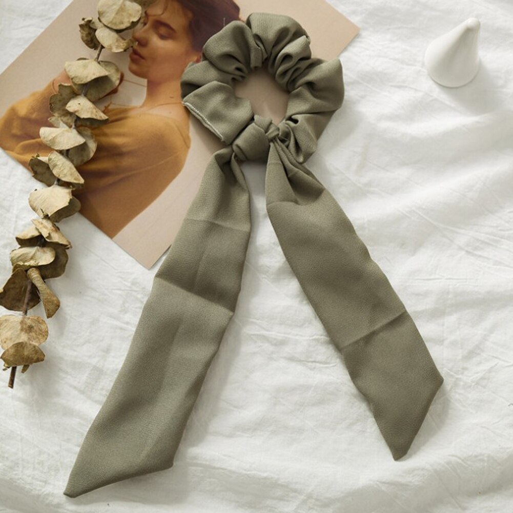 Solid Chiffon Ponytail Scrunchie Hair Ties Elastic Hair Rope for Women Hair Bow Ties Hair Bands Black Red Pink Ribbon Hairbands: Green