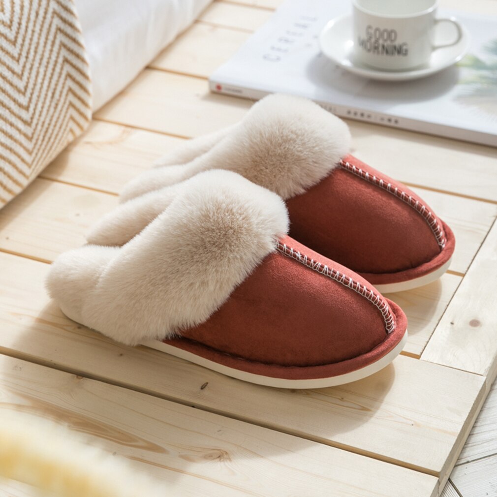 Nouvelles femmes fourrure maison pantoufles daim plat coton chaussures homme en peluche pantoufles Couple chambre diapositives fourrure intérieur chaussures: Brick Red / 7
