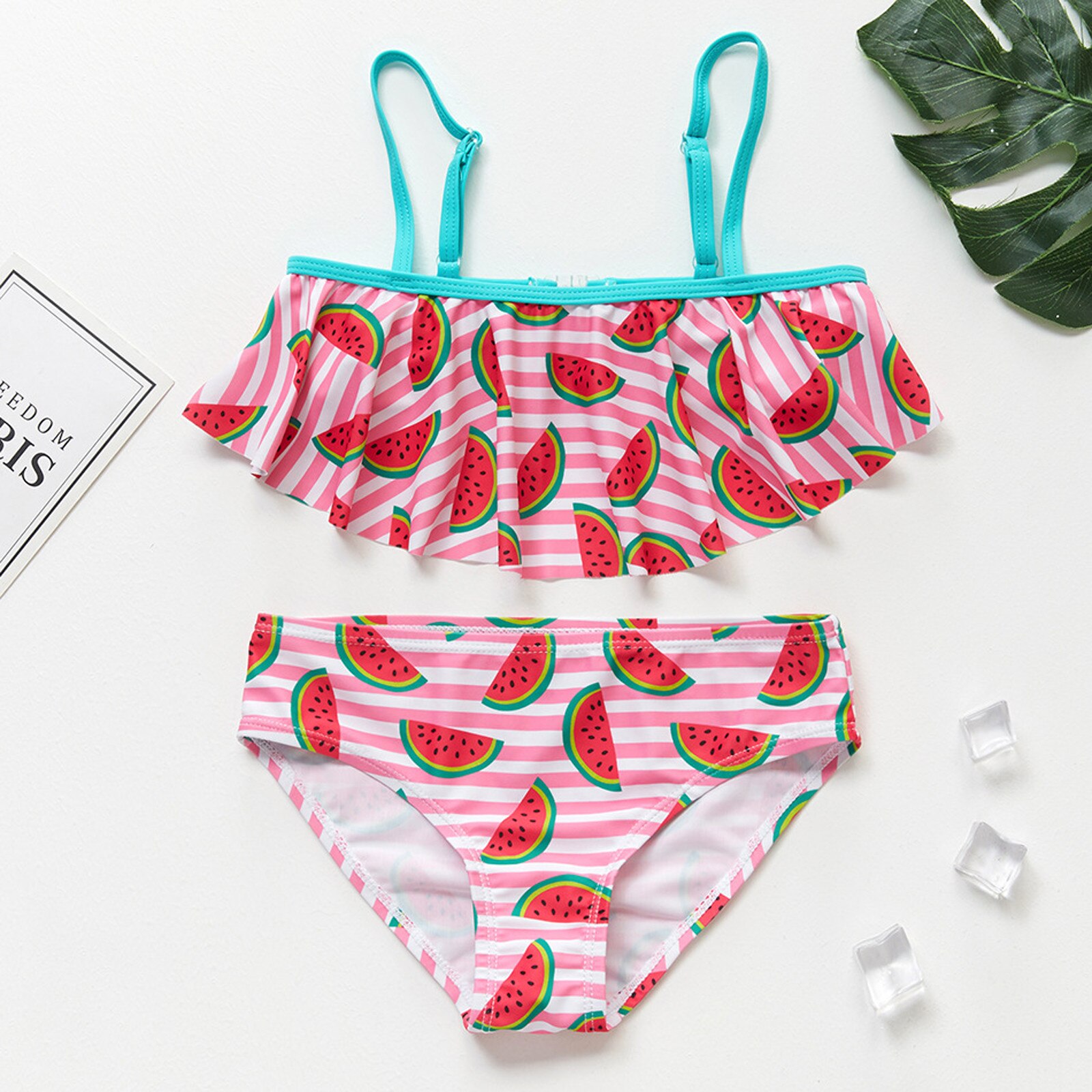 Girls Swimsuit Striped Watermelon Print Biquini Infantil Swimming suit 2pcs Split Bikini Swimsuit Children's Ruffled Swimsuit