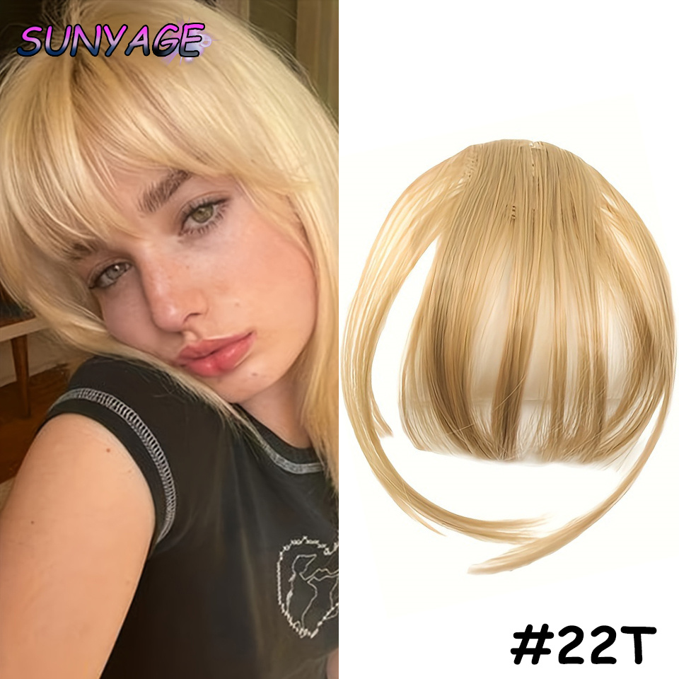 Sunyage natural em linha reta sintética sem corte franja de fibra de alta temperatura marrom feminino clip-in franja completa com franja de cabelo 6 Polegada: T1B/Verde
