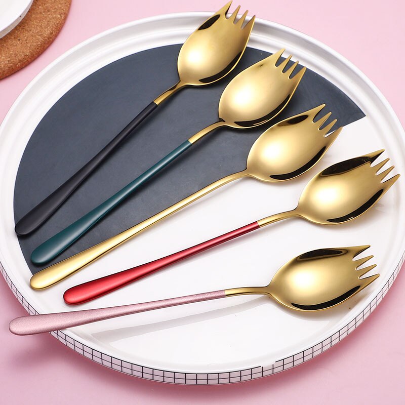 2Pcs Fork Spoon 2 In 1 Multi-function Camping Tableware Stainless Steel Cutlery Salad Spoons Unique Spoons Gold Dessert Spoon