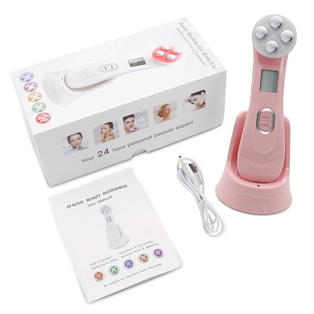 Electroporation Radio Frequency Facial LED Photon Skin Rejuvenation Face Lift Tighten Beauty Machine Face Skin EMS Mesotherapy: Pink with box