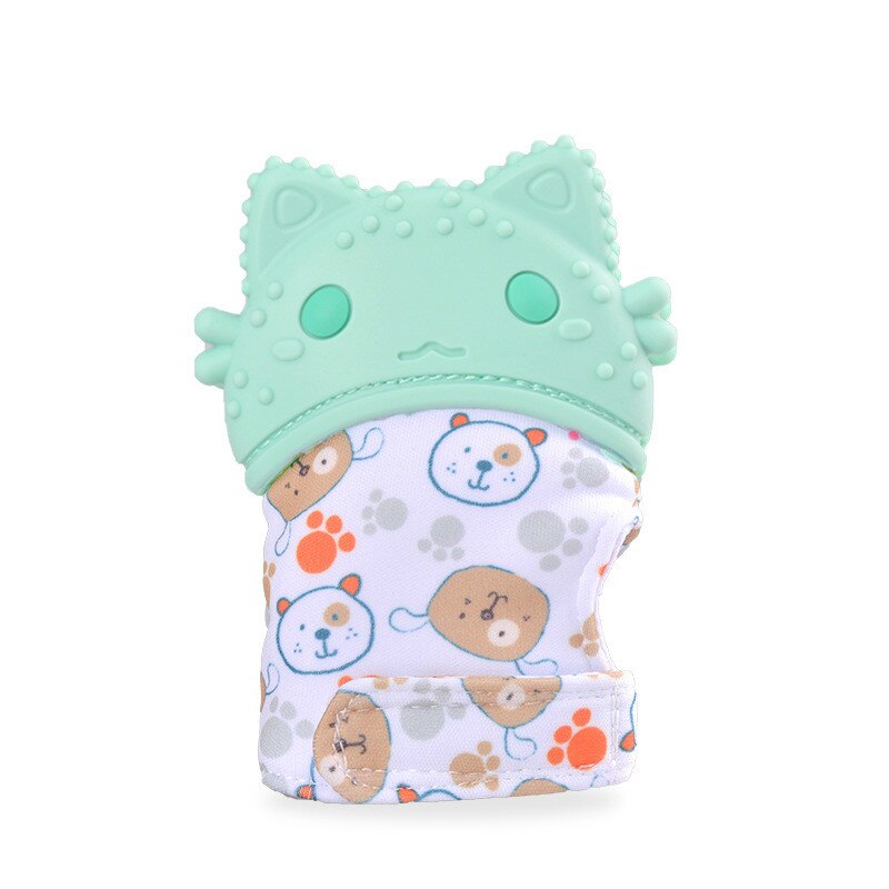 Baby Silicone Mitts Teething Mitten Glove Sound Teether Newborn Chewable Nursing Mittens Teether Natural Stop Sucking Thumb Toy: Green Cat