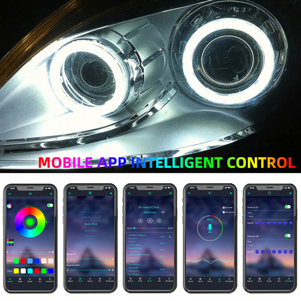 2 Stuks Angel Ogen Bluetooth App Rgb Witte Halo Ringen Cob Led Auto Motorfiets Mist Rijden Koplamp 60-80-100Mm Auto Mistlamp 9-30V