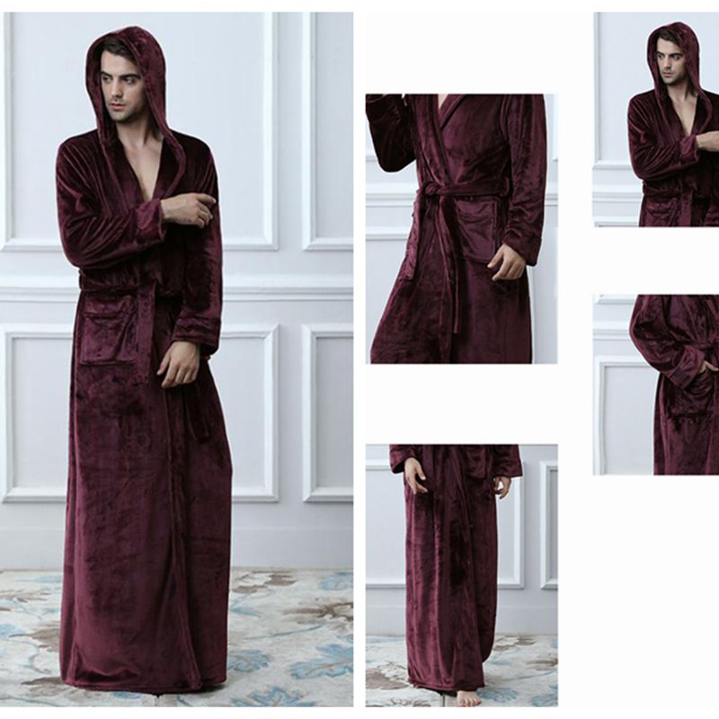 Wine red robe men's bathrobes pigiama home service Pyjamas Robe Camicia da notte flannel winter robe men hooded thick pajamas