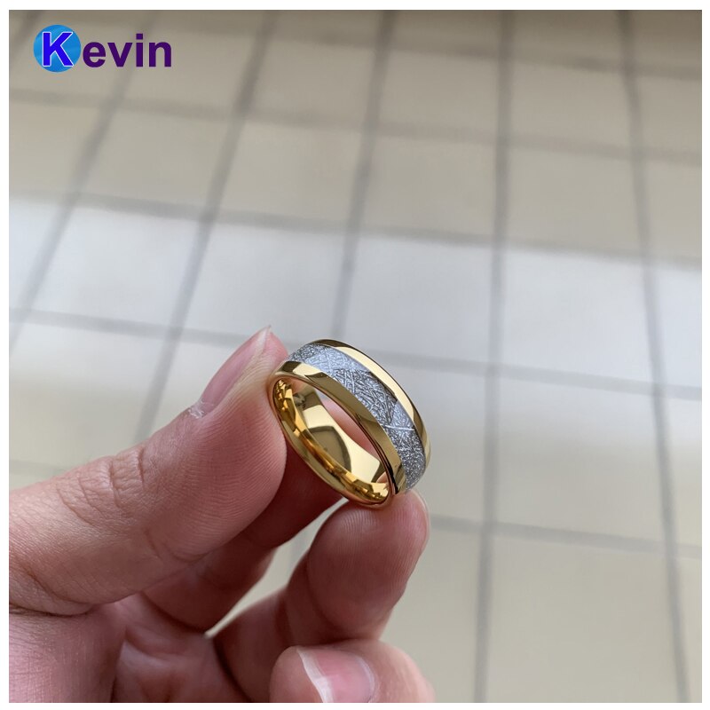 Gouden Ring Tungsten Wedding Band Met Witte Meteoriet Inlay Breedte 8mm