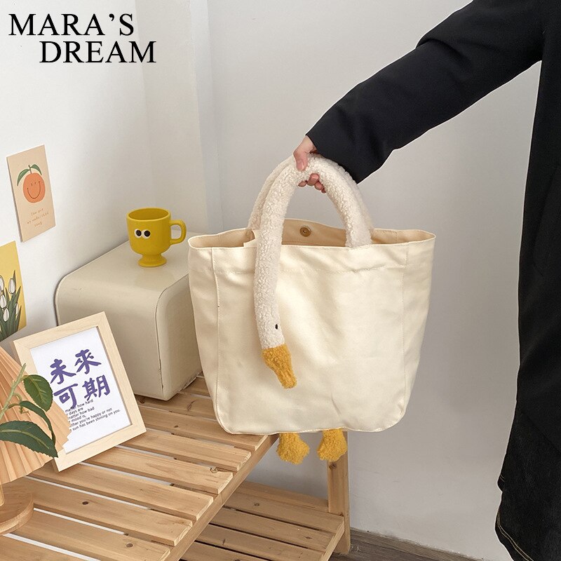 Mara 'S Droom Vrouwen Schoudertassen Pluche Grote Gans Tote Eenvoudige Pols Tassen Leuke Zachte Handtas Canvas Winkelen tas Meisjes