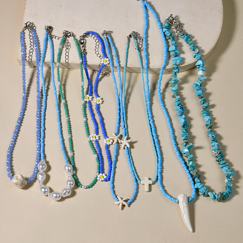 Bohemian Style Bead Necklaces for Women Blue Beaded Pearl Flower Pendant Clavicle Chain Collar Layered Chains Necklace Jewelry