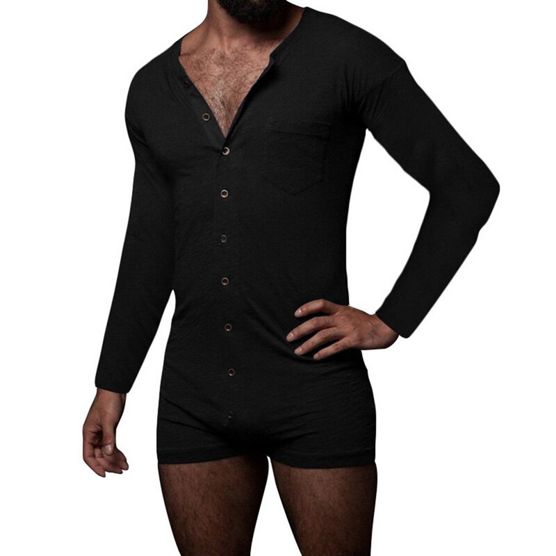 Men Pajamas Rompers Long Sleeve Comfortable Homewear Leisure Mens Jumpsuit Sleepwear Solid Color Button Nightwear: Black / XL
