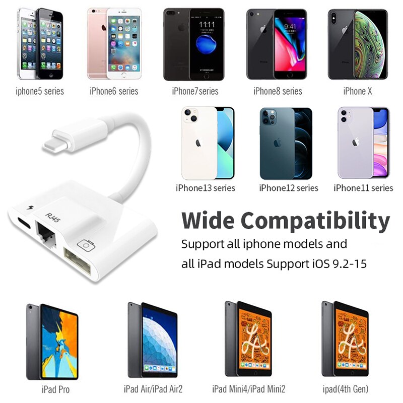 Adapter for Lightning to RJ45 Ethernet OTG Adapter LAN Wired Network with charge and USB 3 camera reader port for iPhone/iPad