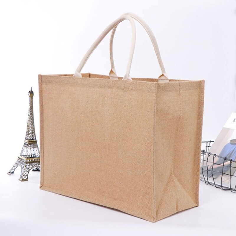 Reusable Jute Tote Bag Eco Friendly Burlap Grocery Bags for Shopping Beach X7YA