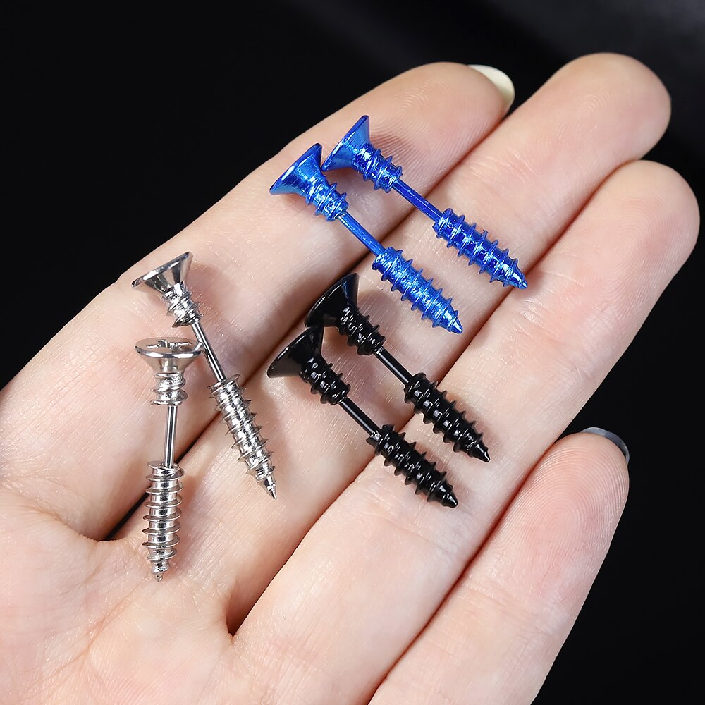 Punk gothic rostfritt stål skruv örhängen för män svarta gyllene örhängen pendientes hombre bijoux smycken kvinna tillbehör