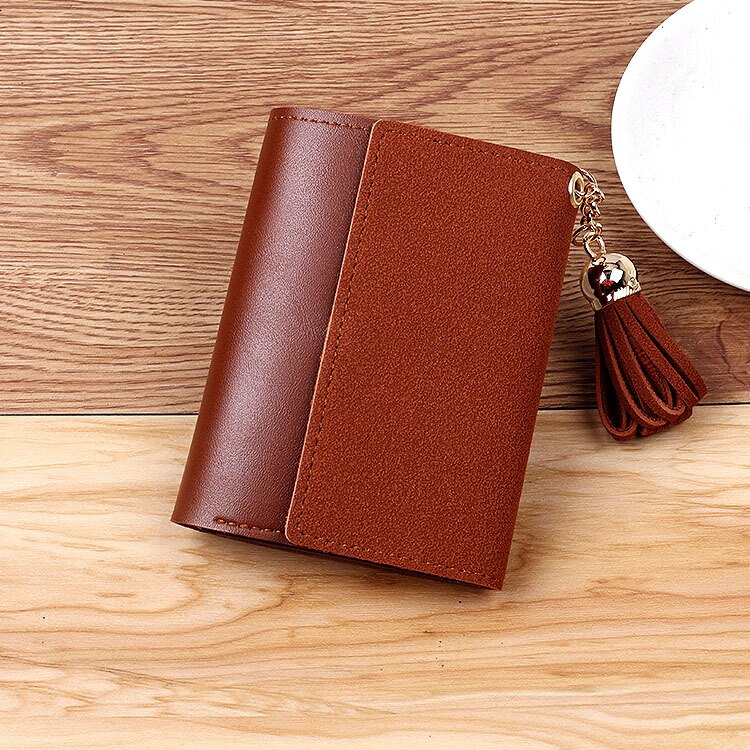 Women Purse Tassels Small Tri-Fold Short Wallet Purse Students Wallet Leather Coin Purse Wallets Card Holder: Brown