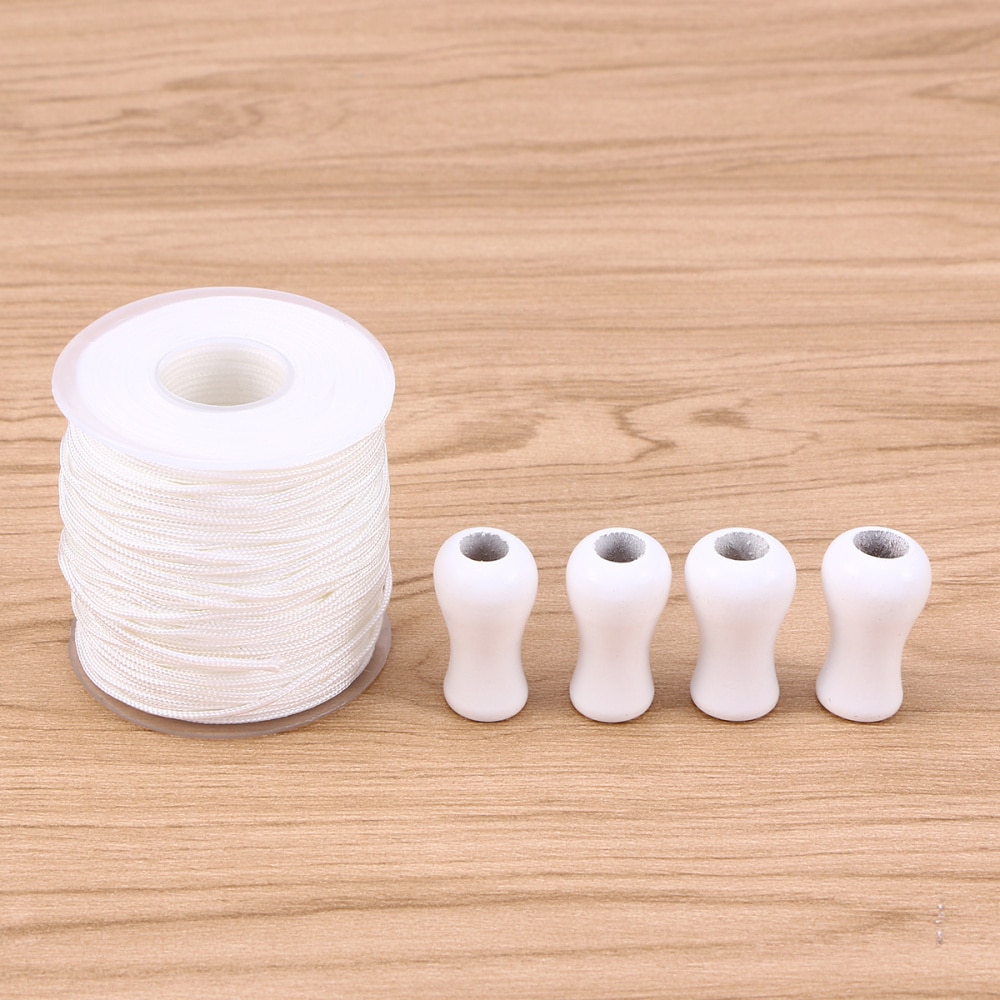 50M White Braided Lift Shade Cord Polyester Rope with 4 White Wood Pendant for Aluminum Blind Shade