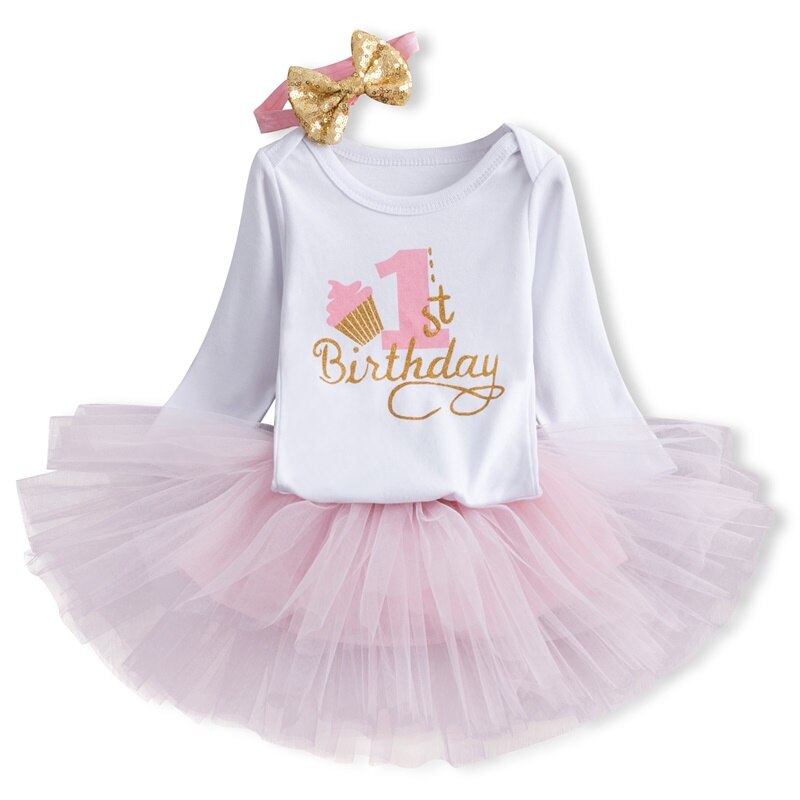 Baby pige tøj lange ærmer bue tutu 1 år kjole (toppe + pandebånd + kjole ) 3 stk tøj bebes første fødselsdag kostumer kjole: 177