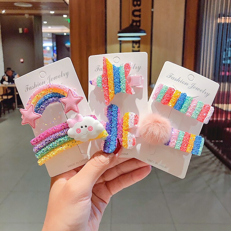 3 stuks schattige kleurrijke regenboogclips voor meisjes in de sky-serie met kleine pailletten en haaraccessoires in de vorm van een wolk met regenboog.