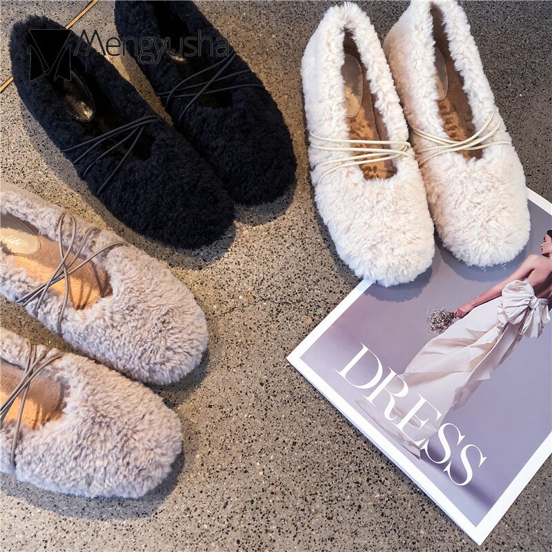 Lambswool furry ballerina ballet shoes women solid color loafers round toe moccasins cross elastic band flats curly fur shoes