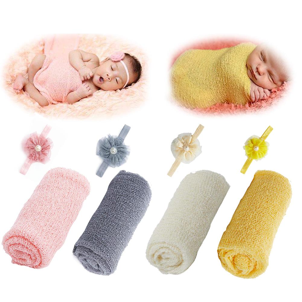 2 Stuks Mooie Elastische Baby Lace Deken Wrap Bloem Hoofdband Pasgeboren Fotografie Props Kinderen Tweedelige Fotografie Pak