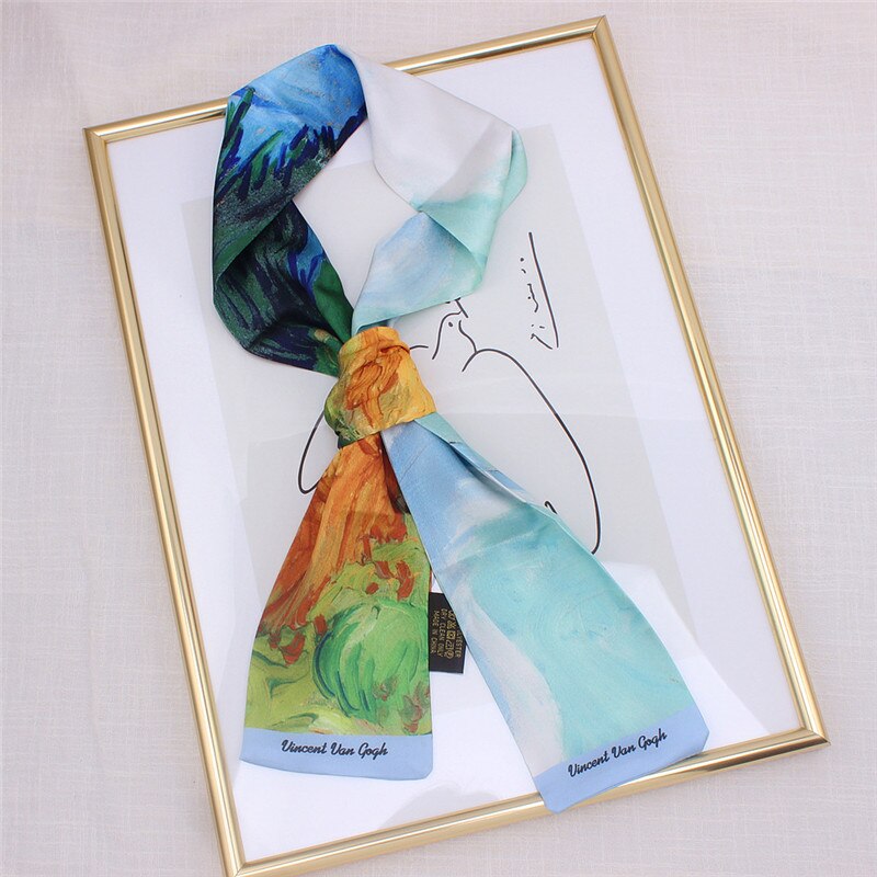 Van Gogh《Starry Night》Oil Painting Twill Silk Scarf Women Neckerchief Skinny Bag Scarf Female Headband Scarves Wraps For Ladies