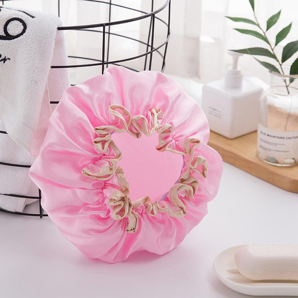 Women Double Waterproof Shower Satin Bathing Cap Hats Silk Reusable Hair Cover SWWQ