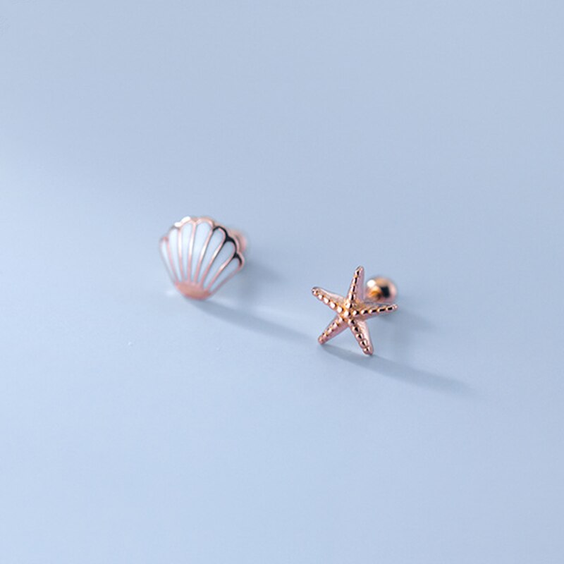 925 Sterling Silver Shell Starfish Stud Earrings for Women Daughter Girls Clear CZ Zircons Screw Back Asymmetry Earring Jewelry