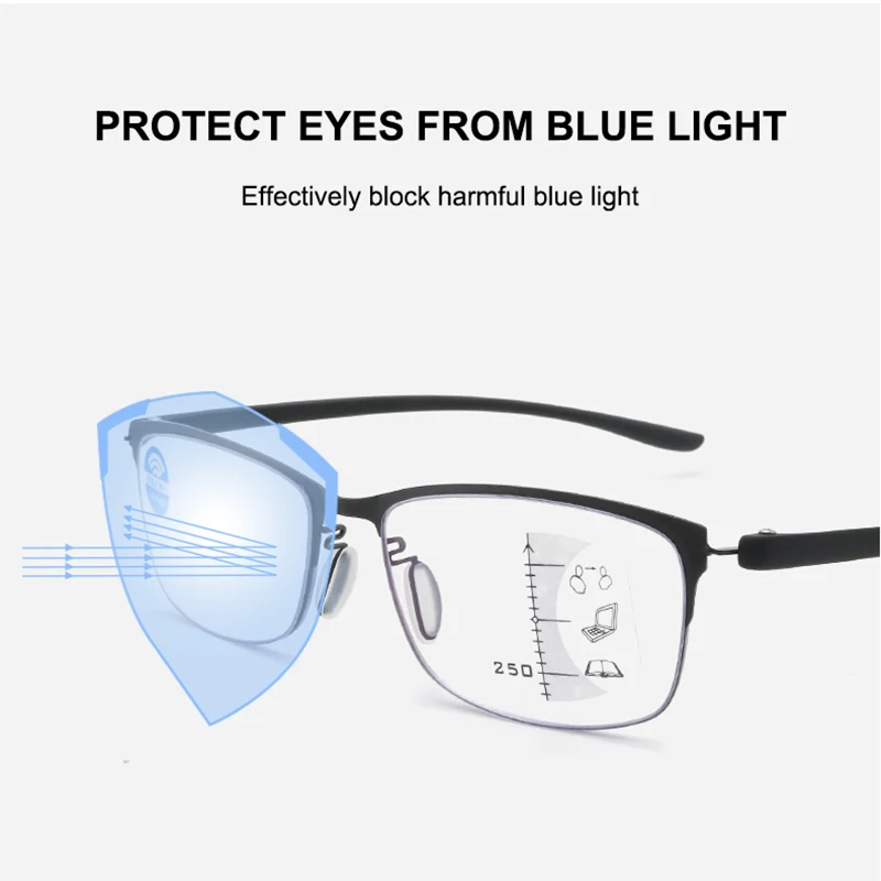 IENJOY Óculos de leitura multifocal de meia armação para homens TR Óculos bifocais progressivos Luz azul Óculos para presbiopia 1.0 2.0 3.0