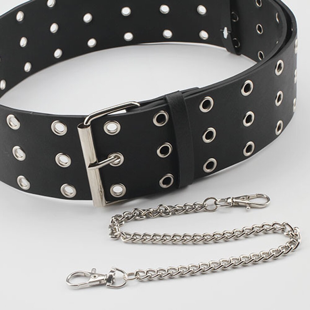 Women/Men Punk Belt Three Rows Of Holes Belt Detachable Chain Decorative Jeans Waistband Jacket Accessories PU Leather Belt