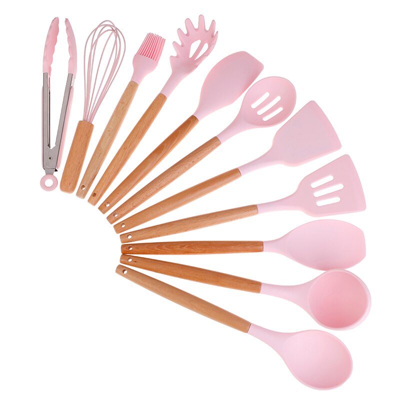 Silicone Cooking Utensils Set Non-stick Spatula Shovel Wooden Handle Cooking Tools Set With Storage Box Kitchen Tools