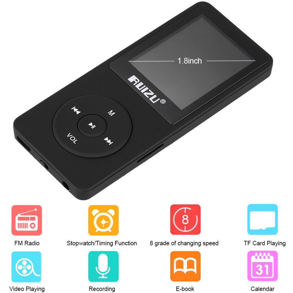 RUIZU X02 8GB 1.8in MP3 Player HiFi Lossless Sound Stop Watch TF Card FM Radio Recording E-book Calendar Timing