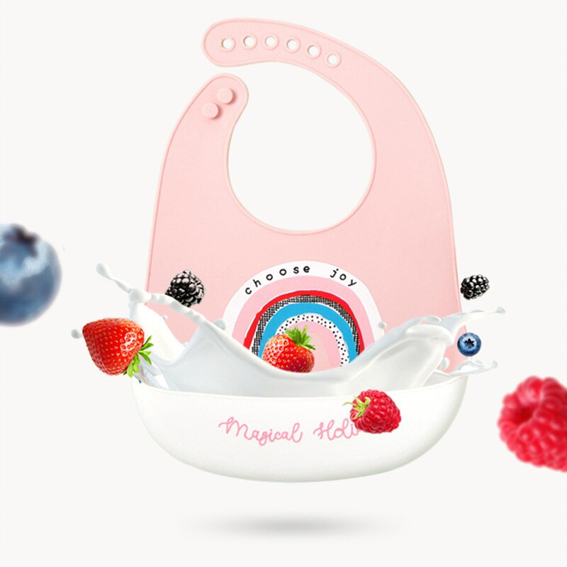 Karikatur Regenbogen Wasserdichte Silikon Baby Lätzchen Mit Tasche Weiche Kleinkind Baby Fütterung Sachen Einstellbare Lätzchen