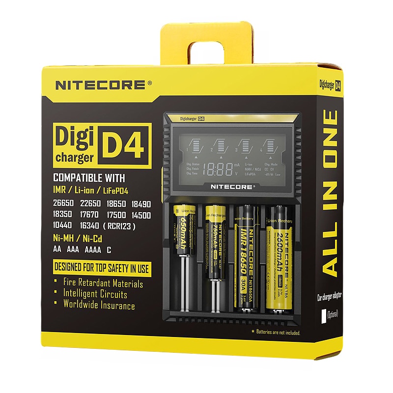 100% Original Nitecore D4 Battery Charger LCD Intelligent Charger Li-ion 18650 14500 16340 26650 AAA AA 12V