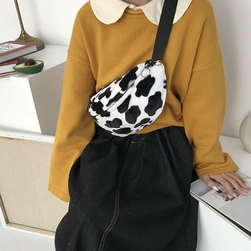 Kvinder ko print plys talje taske fanny pack pose sportsbælte hofte bryst crossbody skulder pung