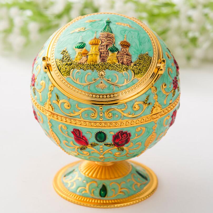 Luxe gouden schilderij asbak, ronde asbak, asbak van metaallegering, herenasbak met deksel, draagbare asbak voor op tafel.: Groen kasteel