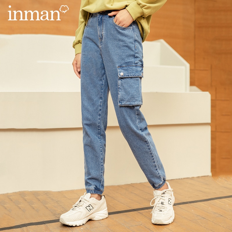 Inman Herfst Winter Mode Vierkante Pocket Medium Taille Elastische Krimpen Katoen Vrouwen Jeans