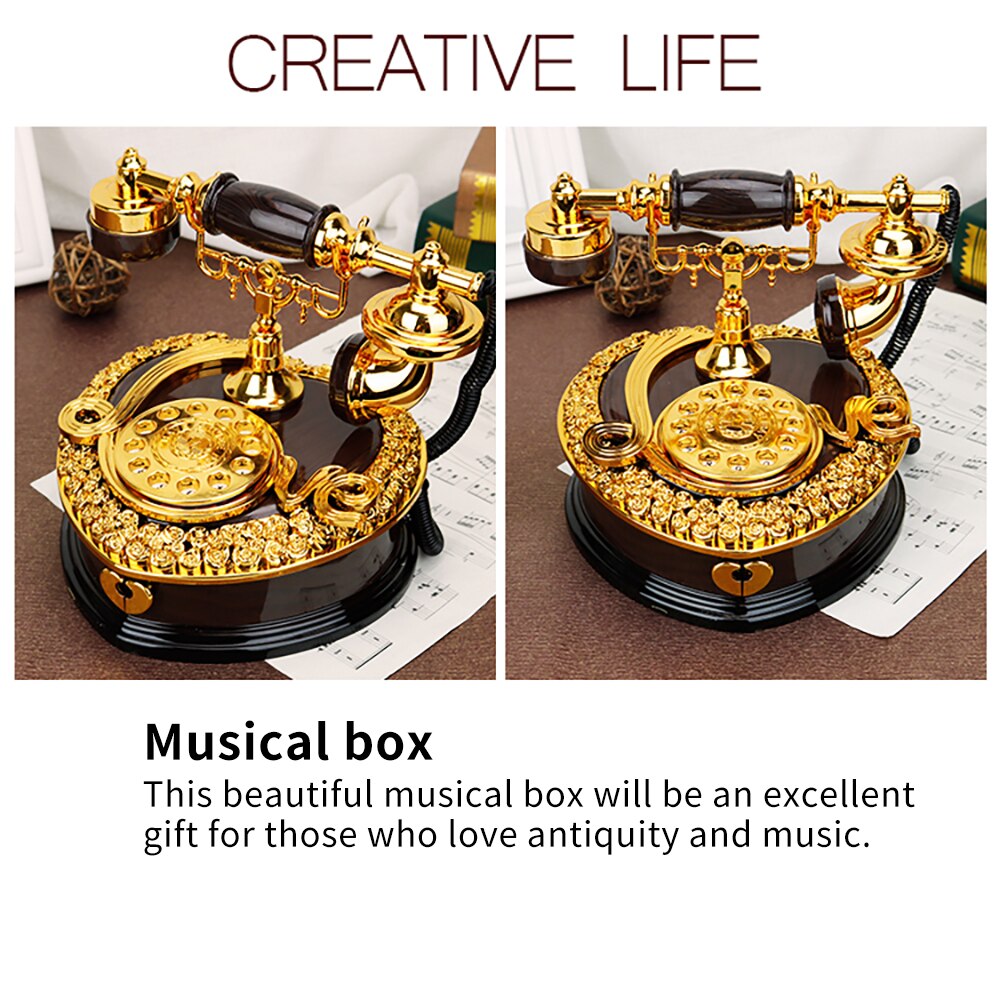 Retro Heart Shaped Telephone Model Music Box Birthday Home Ornament Decoration Antique Carved Wooden Hand Crank Music Box