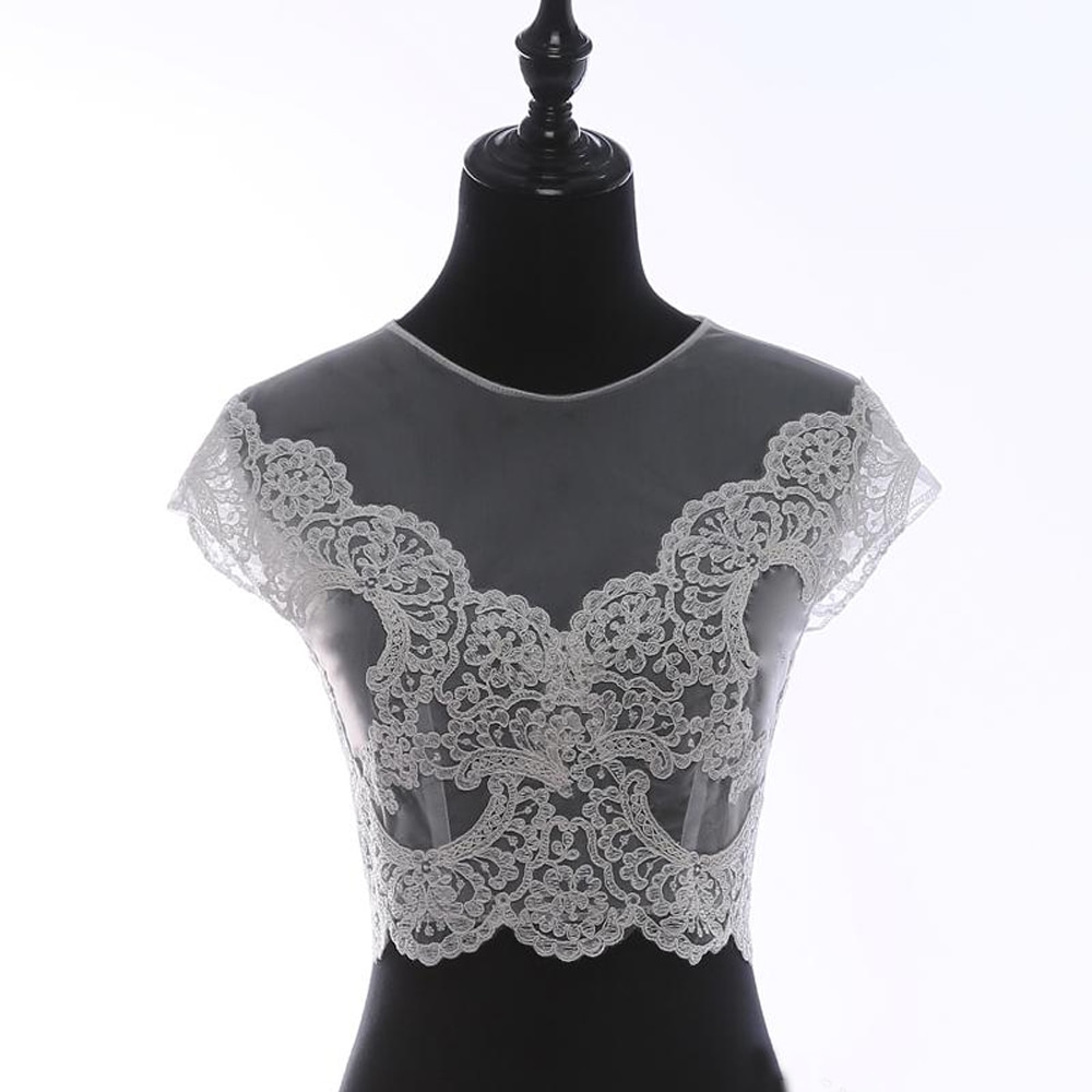 schier Nacken Hochzeit Bolero Deckel Ärmel Braut Jacke Appliques Spitze Jacke Tasten Zurück Brautkleid Mantel
