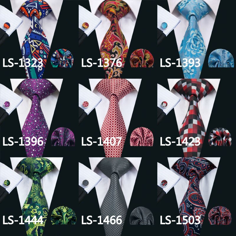 LS-585 Barry.Wang Mannen Stropdas Zijde Gestreepte Jacquard Geweven Classic Tie + Hanky + Manchetknopen Set Voor Formele Wedding Bedrijvengids Party