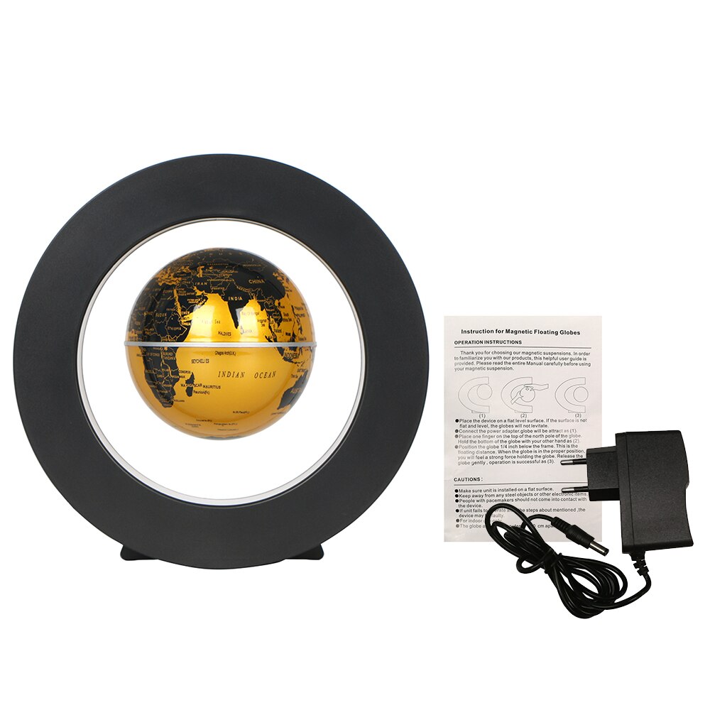 3.5inch Magnetic Levitation Floating Globe World Map Tellurion Anti Gravity with LED Light Round Shape Base for Home Office Desk: Gold EU Plug