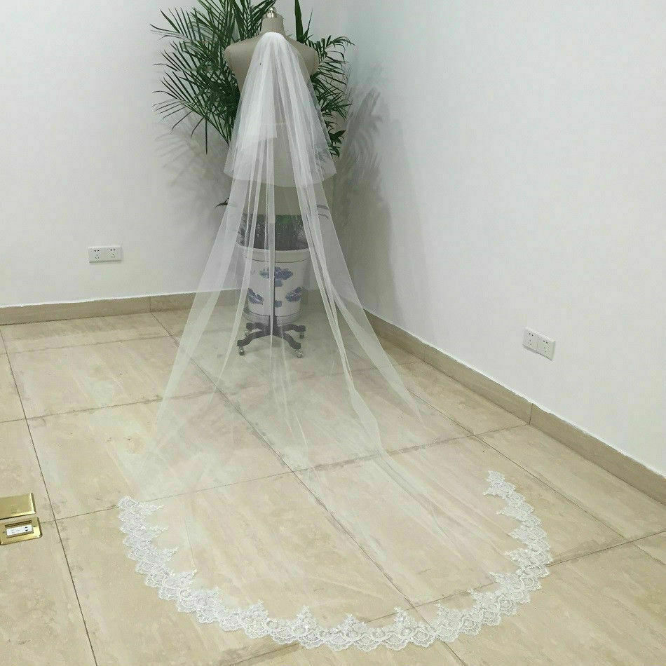 Voile de mariée blanc ivoire, voile Long avec bord en dentelle, avec peigne, accessoires de mariage