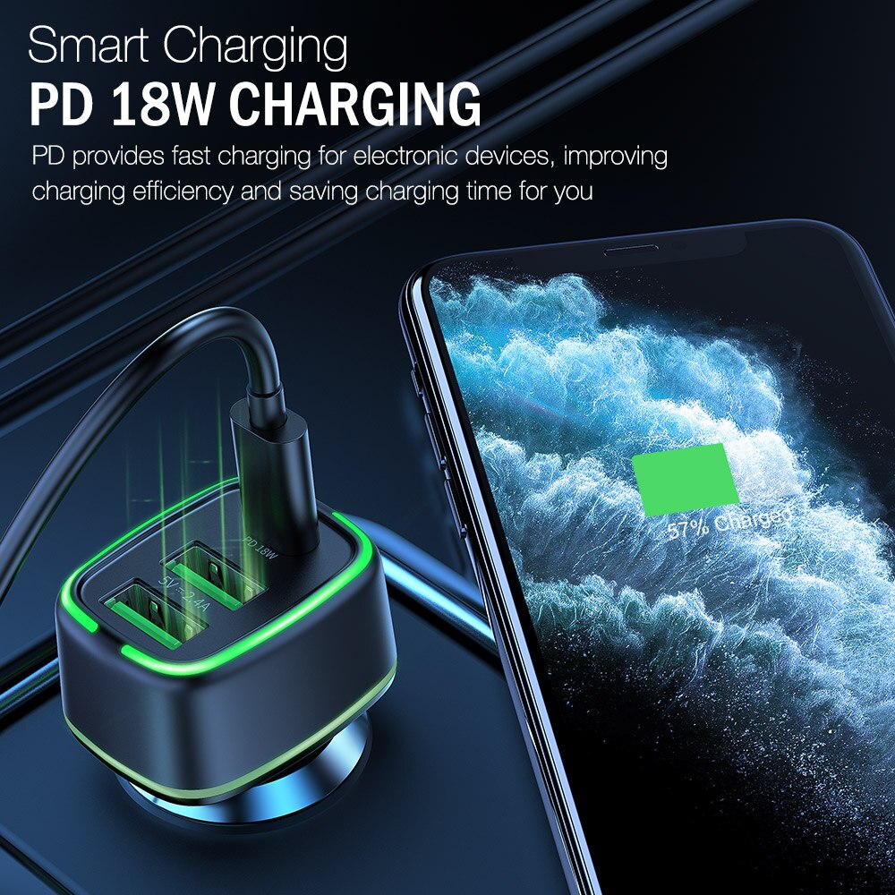 Autolader 18W Usb-poort + 18W Pd Usbc Poort Led Light Quick Charge 3.0 Mobiele Telefoon Fast voor Iphon 12 11X8 Huawei P40 P30 In Auto