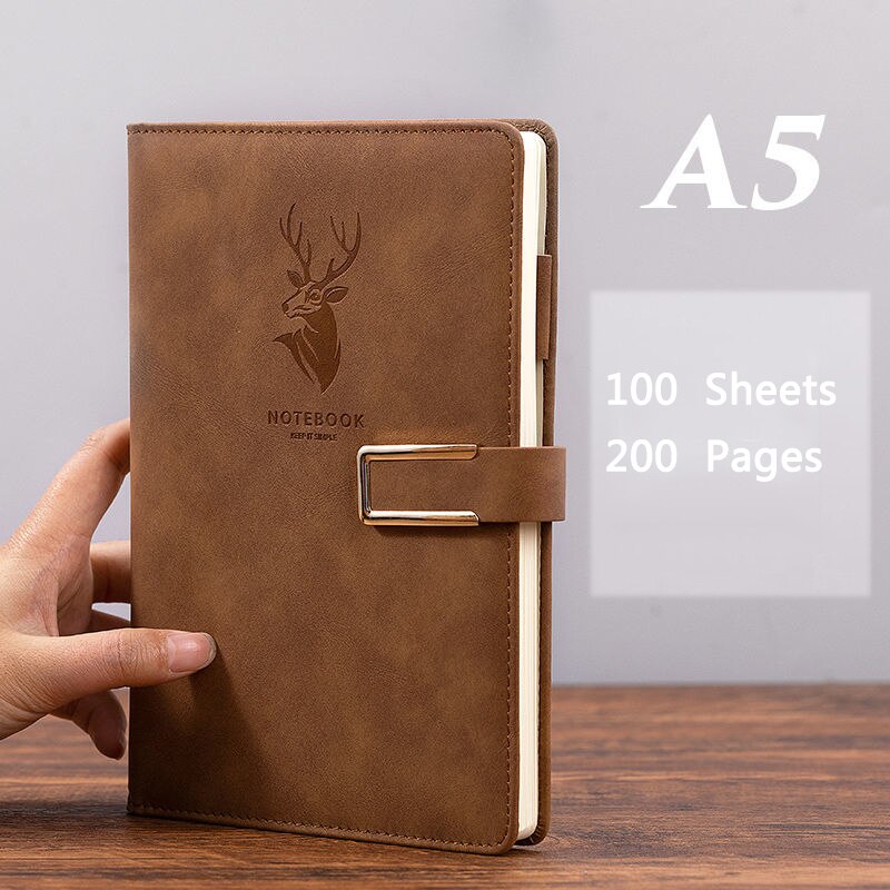 200 Pages A5 Notebook Business Office Work Planner Leather Notepad School Office Stationery: Brown