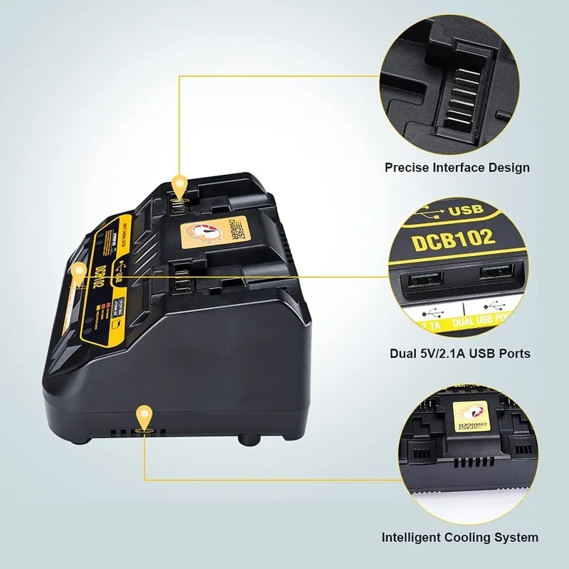 Fast charging DCB102 Li-ion Battery charger For DeWalt 12V 14.4V 18V 20V DCB105 DCB200 double charging postion with USB Port