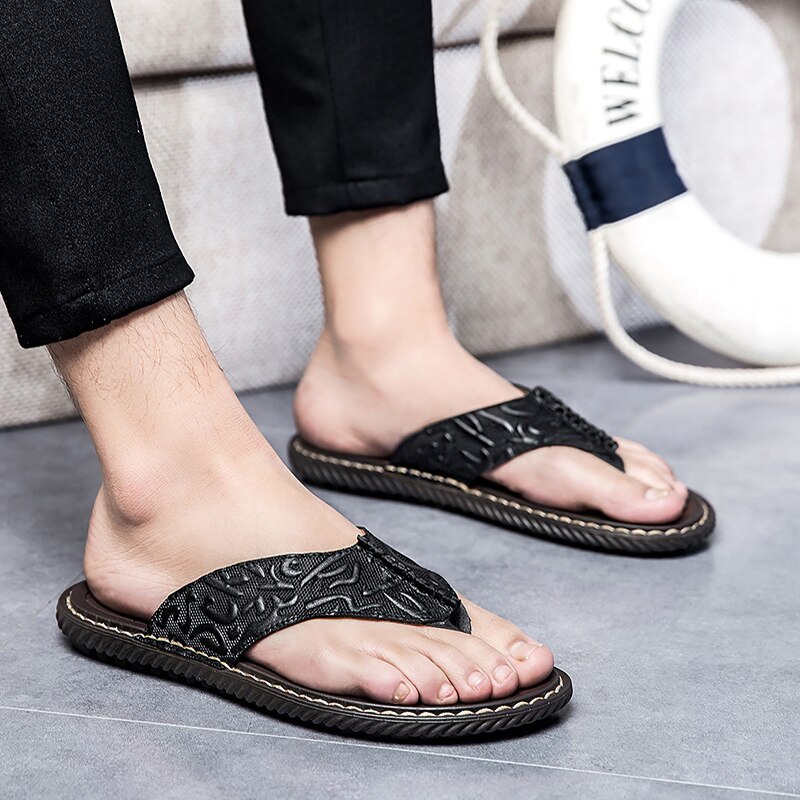 Heren Slippers Zomer Outdoor Antislip Platte Slippers Voor Mannen Pu Lederen Luxe Sandaal Comfortabele strand Slippers
