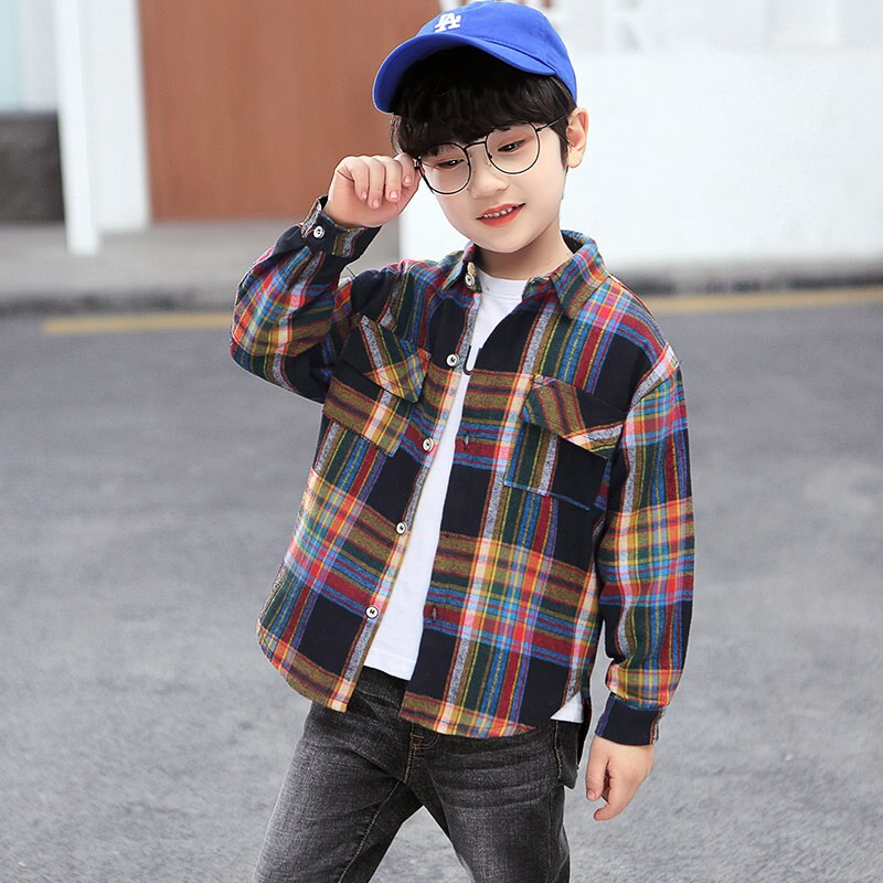 Camisa a cuadros de algodón para niños, ropa informal Vintage para adolescentes, de manga larga, de coreana, de 4 a 14 años: Negro / 7