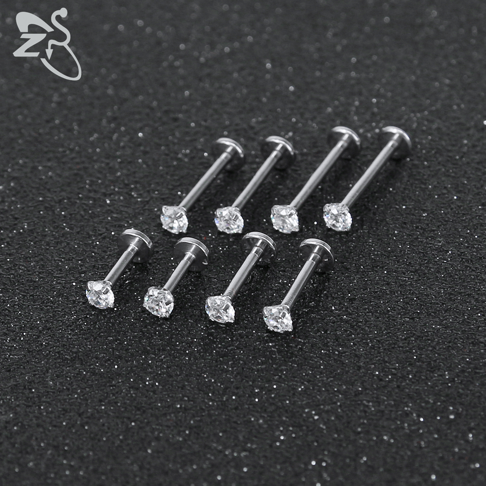 ZS 10 unids/lote 16G Acero inoxidable Labret labio Piercing hombres CZ cristal cartílago Tragus hélice Concha Piercings joyería 6/8/10/12MM