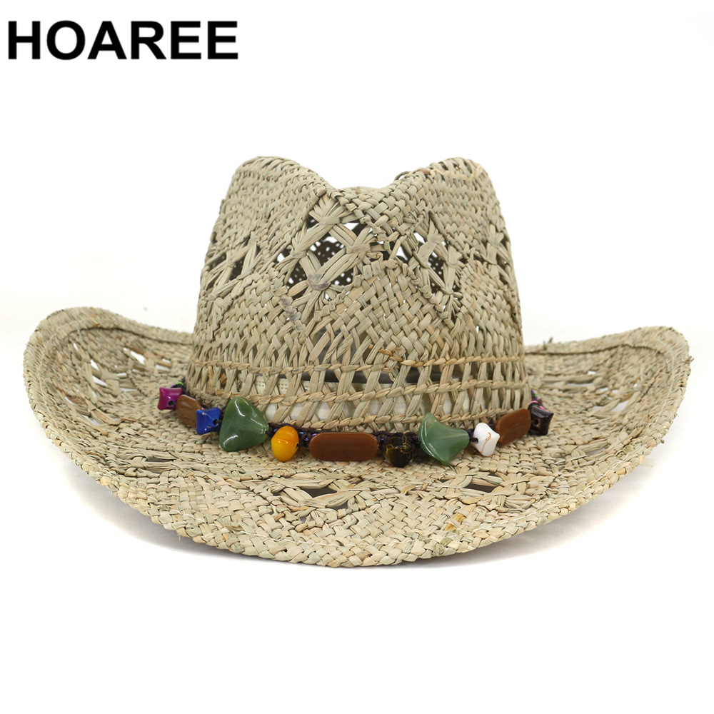 Hoaree chapéu de vaqueiro verão, chapéu de palha feminino, artesanal, chapéu de sol para homens, cowgirl, joia falsa, decoração, casual, praia, chapéu panamá