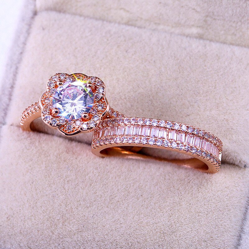 Luxe Vrouwelijke 925 Zilveren Kristallen Zirkoon Ring Set Vintage Rose Gouden Trouwringen Voor Vrouwen Bloem Bridal Engagement Ring
